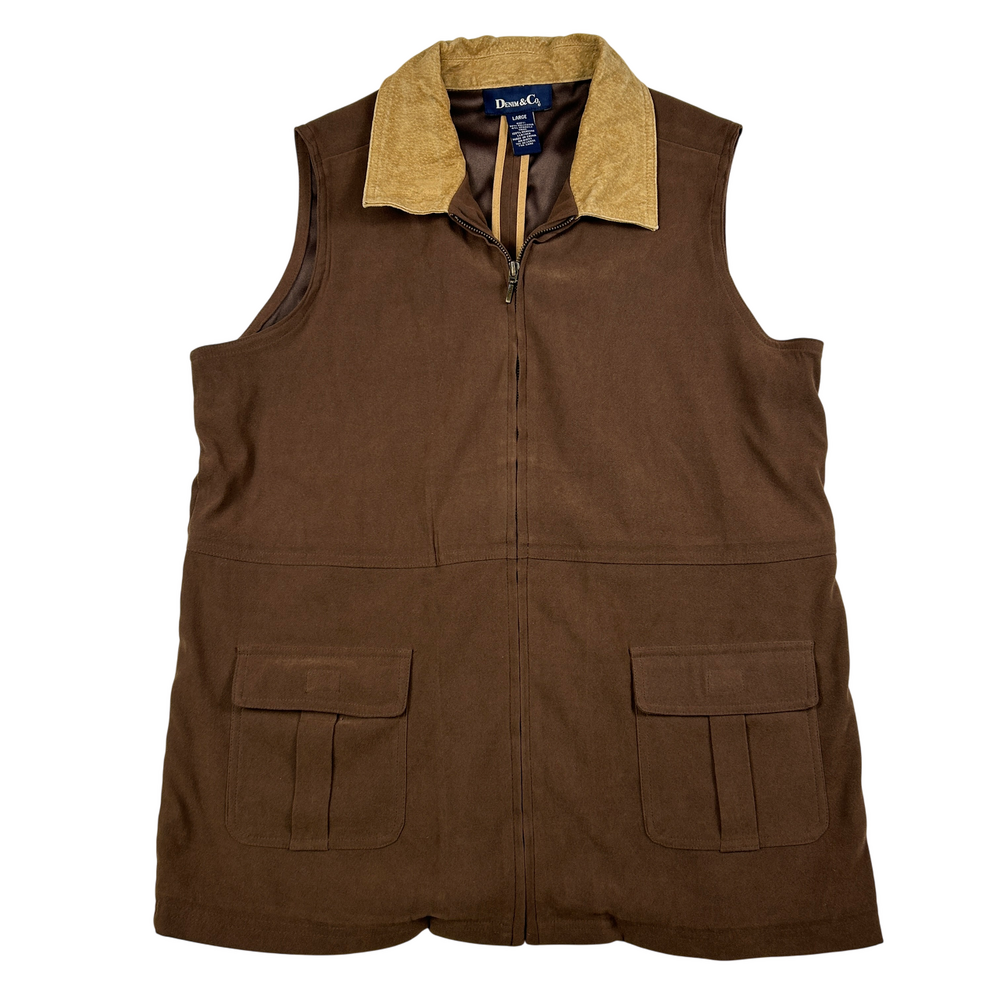 Denim & Co Vest Womens Large Brown Suede Collar Pockets Western Outdoor